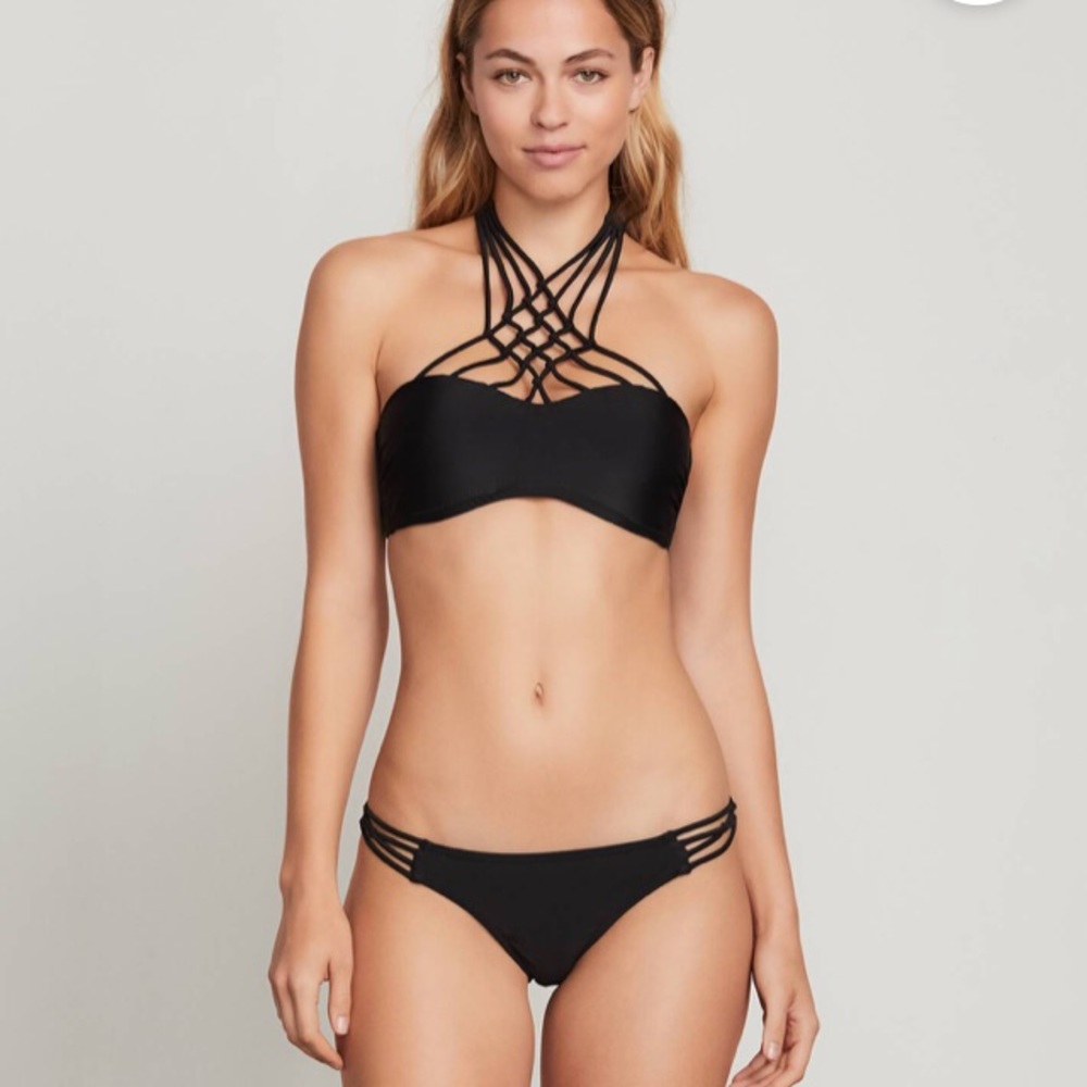Volcom simply solid black lattice bikini set